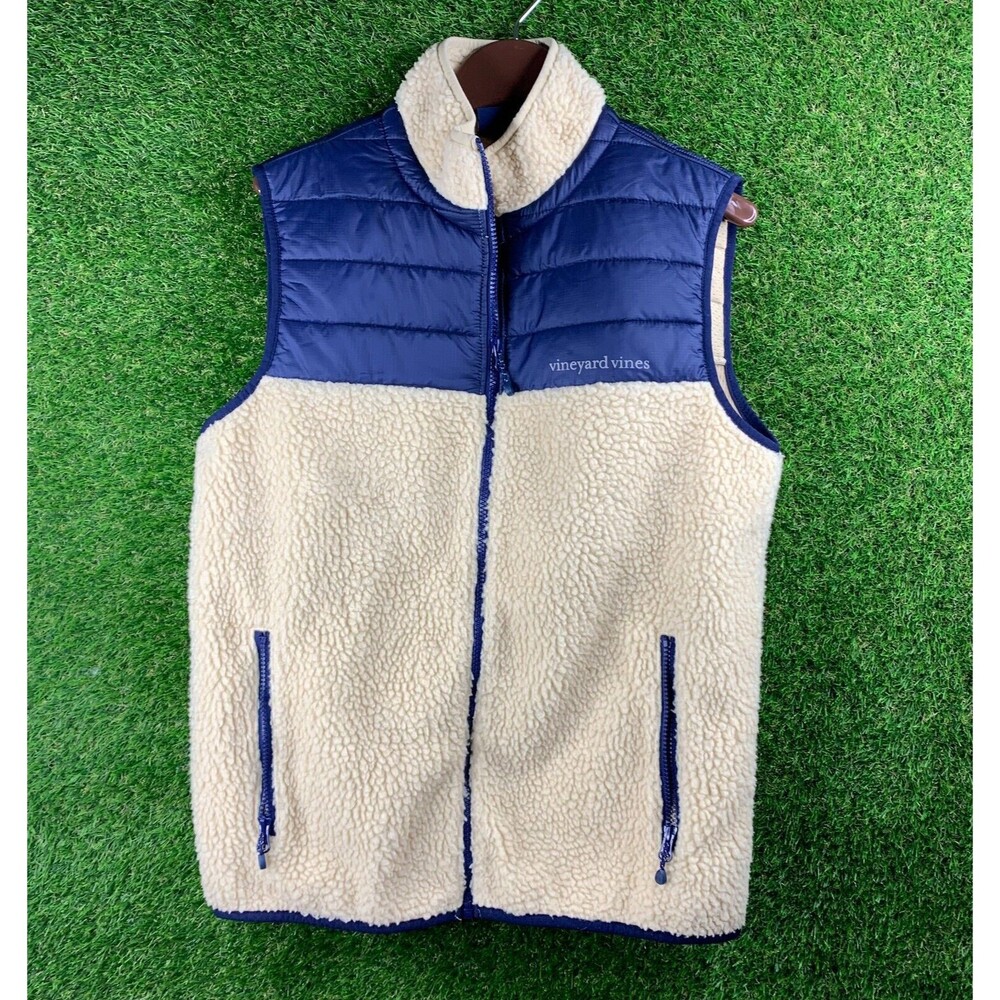 Vineyard Vines Vest Men Size Small Sherpa Fleece Deep Pile Camel Tan Full Zip
